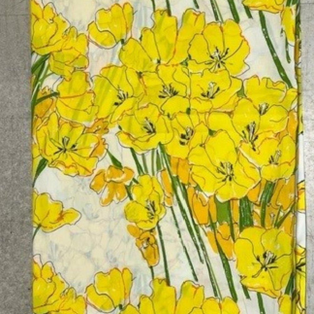 Queen Size "Flat" Bed Sheet Yellow Iris, Floral, Retro, Vintage, Mid-Century.